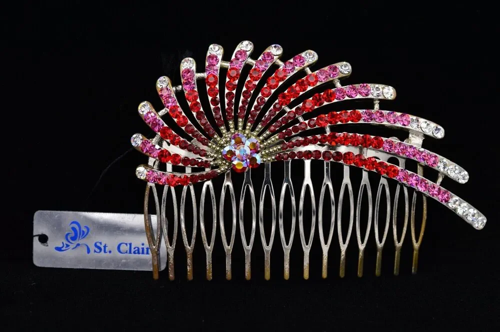 St. Clair Vintage Red Rhinestone Crystal Hair Pin Comb Aurora Borealis Pink